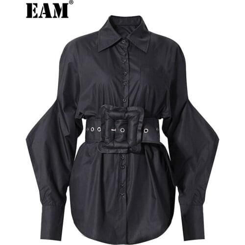[EAM] Women Big Size Belt Shaped Black Blouse New Lapel Long Lantern Sleeve Loose Fit Shirt Fashion Spring Autumn 2021 1DD3940