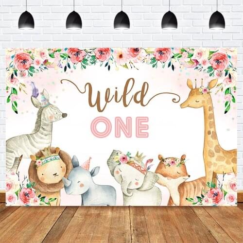 Wild One Animal Birthday Backdrop for Photography 1st Birthday Party Cake Table Dessert Background Pink Rose Cartoon Backdrops