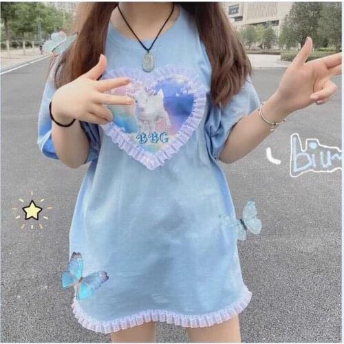 Lace edge short-sleeved T-shirt Japanese preppy style cute sheep Korean loose casual top ulzzang Harajuku sweet women T-shirt