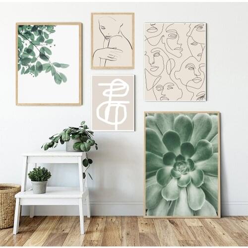 Leaf Succulent Plant Abstract Lines Girl Face Wall Art Canvas Painting Posters And Prints Wall Pictures For Living Room Decor