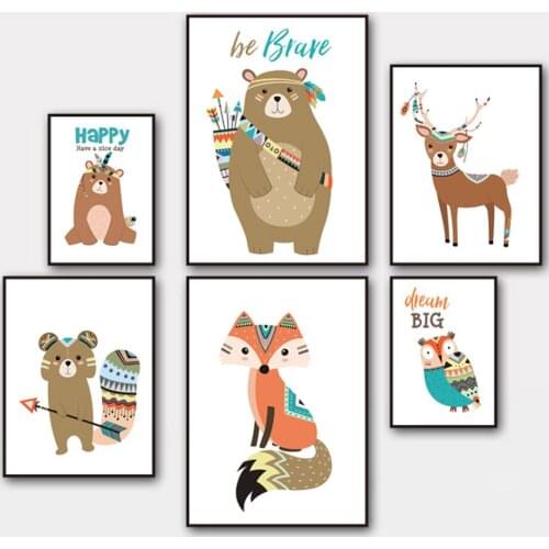 Bear Deer Fox Owl Raccoon Boho Wall Art Canvas Painting Nordic Poster Cartoon Nursery Print Wall Pictures Baby Kids Room Decor