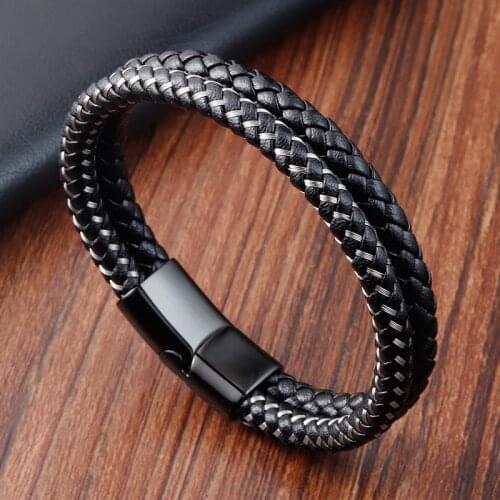 Geometric Accessories Multi-layer Stainless Steel Mens Leather Bracelet Hand-woven Black Leather Combination Christmas Gift