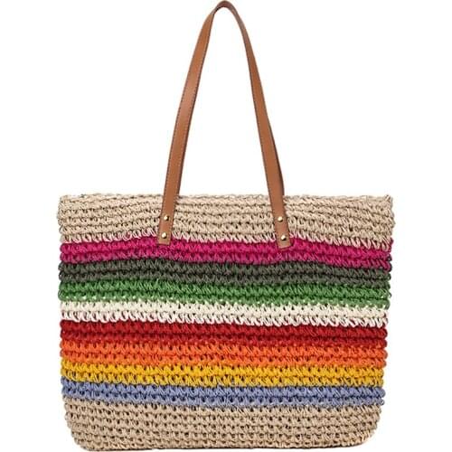 Fashion Lady Handbag Beach Rainbow Color Lady Handbag Shoulder Korean Version Of The Trend Beach Straw Bag