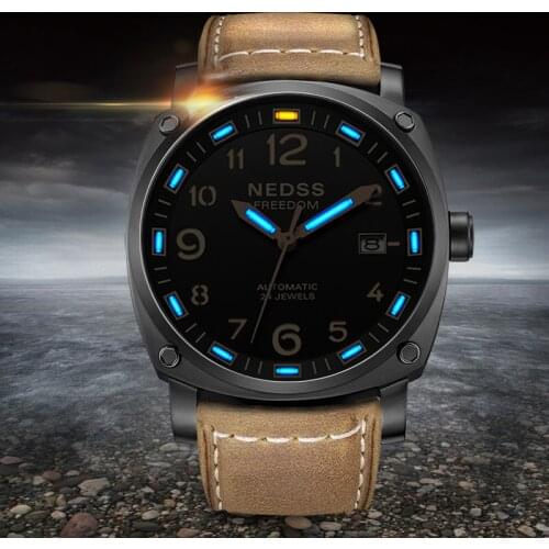 Free shipping Mens Automatic Mechanical Watch Outdoor Army Military watches Tritium Gas Super Bright Blue Green Luminous