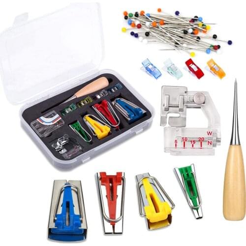 Fabric Bias Tape Makers Kit with Sewing Awl, Bead Needles,Adjustable Binder Clip,Wooden Awl,Foot Press -Set for Sewing/Quilting