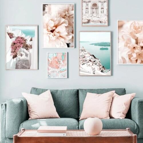 Pink Cherry Blossom Pink Peony Sky Bird Ocean Nordic Posters And Prints Canvas Wall Art Painting Wall Pictures For Living Room