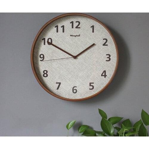 New Chinese solid wood household mute living room wall clock Nordic simple creative fashion linen art bedroom large wall watch