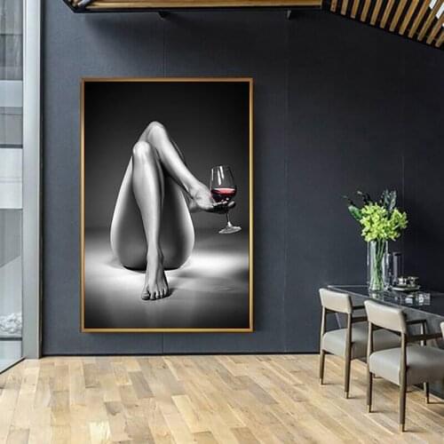 Nude Woman Wine Glass Canvas Painting Black White Sexy Girl Posters and Prints Wall Art Picture for Living Room Home Decor