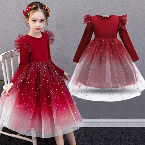 Red Girls Christmas Dresses Long Sleeve Tulle Mesh Tutu Dress For Kids Princess Wedding Party Costume Children Winter Clothes