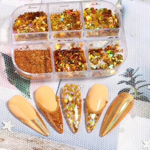 6 Grids/Box Nail Powder Shiny Quick Dry Multiple Colors Irregular Glitter Manicure Powder Nail Glitter Powder Nail Art Polishing