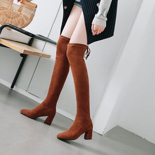 Women Faux Suede Stretch Over The Knee Boots Fashion Slip On Square High Heel Thigh Boots Lady Pointed Toe Autumn Winter Shoes 9