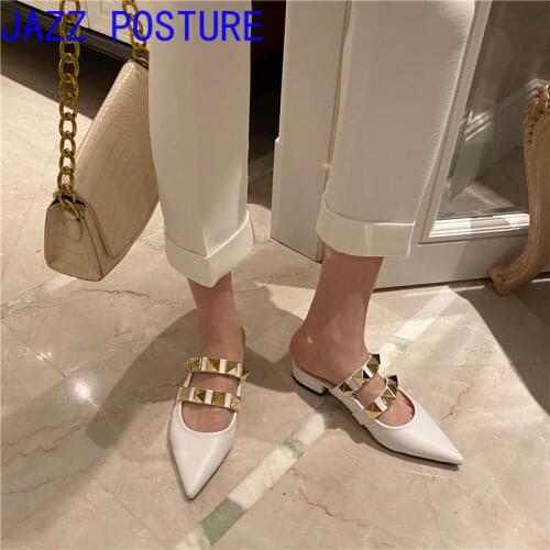 Ladies fashion rivet luxury brand slippers mules fashion sandals pointed toe slippers fashion rivet mules women shoes 42 43 w178