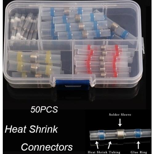 50/60/75/100/200pcs Waterproof Solder Sleeve Heat Shrink Splice Crimp Terminals 4 Sizes Insulated Cable Wire Butt Connectors