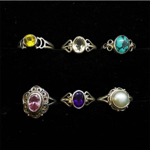 Tibetan Jewelry Nepal Hand 925 Sterling Silver Inlaid Natural Stone Rings for Lady Vintage Jewelry T9010