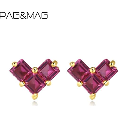 PAG&MAG Heart Green Pink CZ Zircon Stud Earrings For Women 925 Sterling Silver Earrings Fine Jewelry Wedding Gift