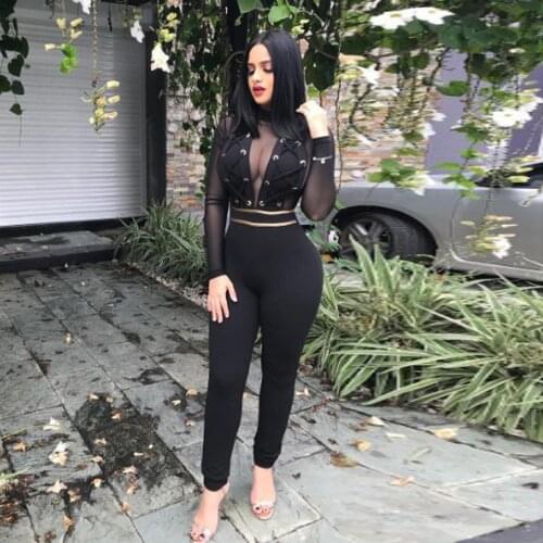 KALENMOS Jumpsuit Women New Autumn Black Sexy Bodycon Romper Lace Long Sleeve Jumpsuit Elegant Mesh Splicing Long Jumpsuit Club