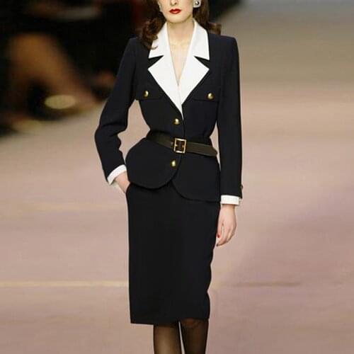 Runway New Autumn Party Fashion Workplace Belt Lapel Jacket Black Casual Slim Half Skirt Elegant Chic High-Quality WomenS Sets
