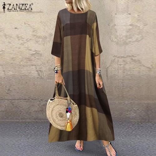 2021 Spring Check Sundress ZANZEA Casual Long Sleeve Dress Women Vintage Plaid Party Long Maxi Vestidos Female Robe 7