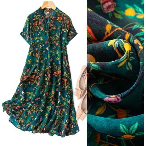Womens 100% Pure Silk cheongsam neck short sleeve Long Dress Floral Print M L XL MM010
