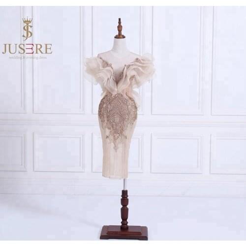 2020 Jusere Beads Knee-Length Classic Mermaid V-neck Appliqued Lace Beads Short Evening Dresses Prom Party Gown