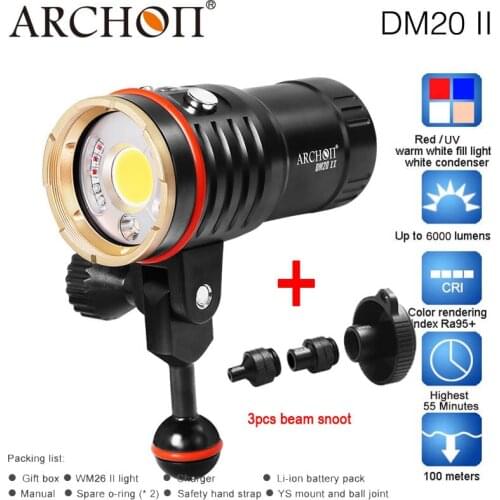 ARCHON DM20 WM26 DM20-II WM26-II Aluminum Waterproof XML2 U2 6000LM 4 Color Light Tint Diving LED Flashlight Torch+32650 Battery