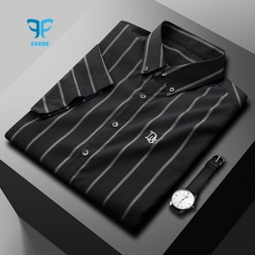 FAVRE Men Dress Shirts Stripe Single Breasted Office Business Collared Shirt Short Sleeve Stripe White black Work Clothes