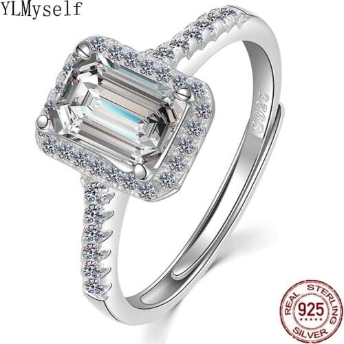 Real 925 Silver with 1 Carat(5*7mm) Rectangle Moissanite Stone Ring Free Adjustable Size Classic Luxury Fine Jewelry For Women