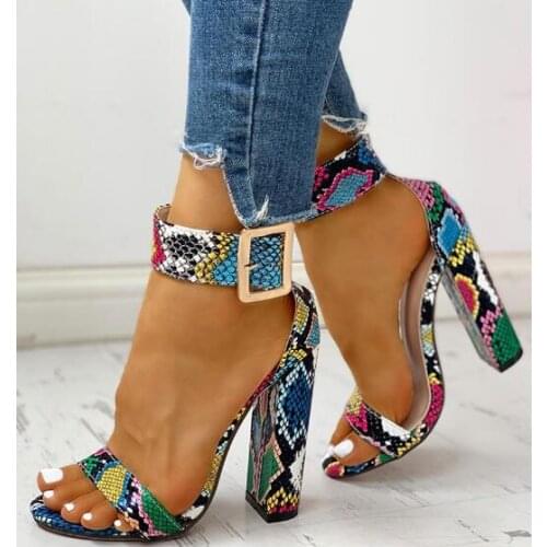 Linamong Summer Woman Colorful Python Metal Buckle Chunky Heels Sandals Snake Skin One line High Heel Sandals Shoes