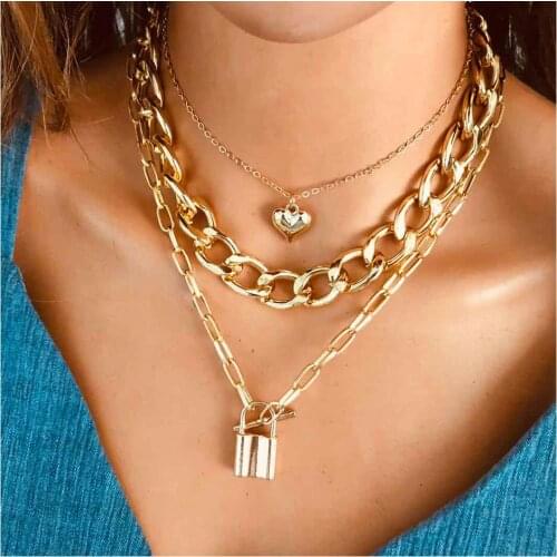 HaHaGirl Fashion Multi-Layer Lock Pendant Necklaces For Women Gold Color Metal Heart Pendant Chain Necklace Design Jewelry Gift