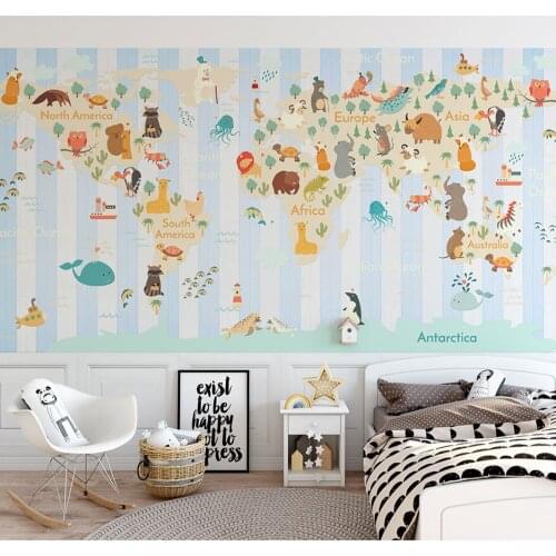Bacaz Hand Blue World Animal Map 3D Cartoon Mural Wallpaper for Kids Room 3D Photo Mural Wall papers 3d Cartoon Wall stickers