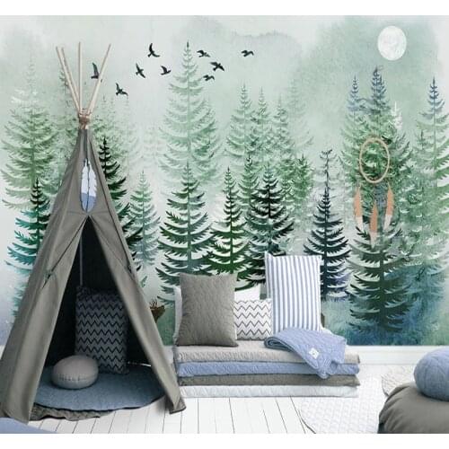 Custom Mural Wallpaper Nordic Style Hand Painted Pine Forest Elk Wallpaper Living Room Sofa TV Background Wall Papel De Parede