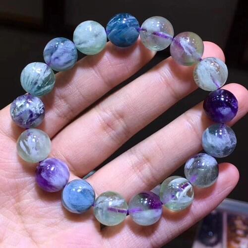 12mm Natural Colorful Fluorite Quartz Angel Feather Clear Round Beads Bracelet Crystal Women Men Stone Rare AAAAA