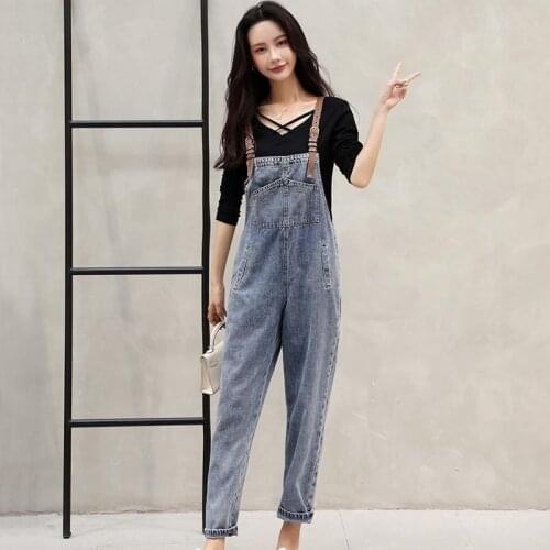 Womens New Denim Overalls Loose and Age-reducing Korean Version of Wild Slim Overalls Womens Nine-point Pants Mother Jeans