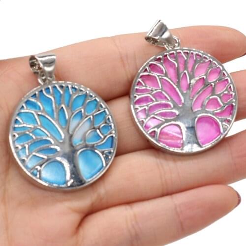 Natural Shell Pendant Tree Shape Metal Alloy Round Abalone Shell Exquisite charms For jewelry making DIY Necklace accessories
