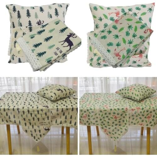 Printed Elk Christmas Tree Flamingo Linen Cotton Table Cloth Lace Tassel Table Runner Cushion Set Textiles Nodic Home Decors