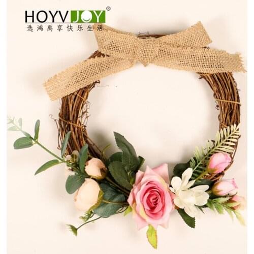 Wedding Decoration Rose Artificial Flower Wreath with Linen Bowknot Home Decorations Accessories Diy Hanging Wall Rose Wreath