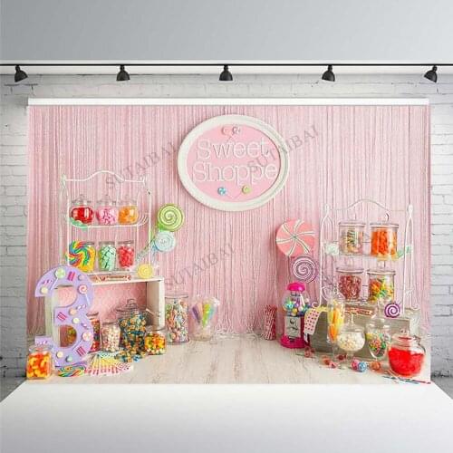 Sweet Shoppe Candy Bar Lollipop Pink Wall Backdrop Girl Baby 3rd Birthday Party Photography Background Photo Studio Photophone