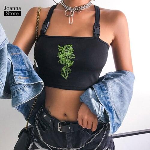 Embroidery dragon crop top women sexy tops summer streetwear tank top darkness cross sling slim ladies clothes black tanks tops
