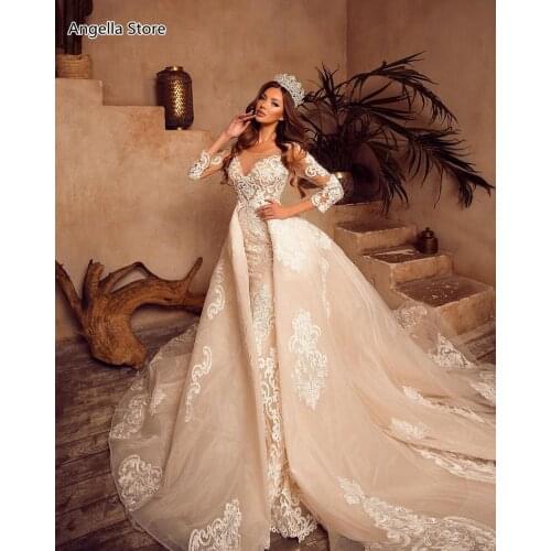 Vintage Detachable Train Wedding Dresses Bridal Gowns 2021 Long Sleeves Mermaid Lace Appliques Tulle Plus Size Vestidos De Novia