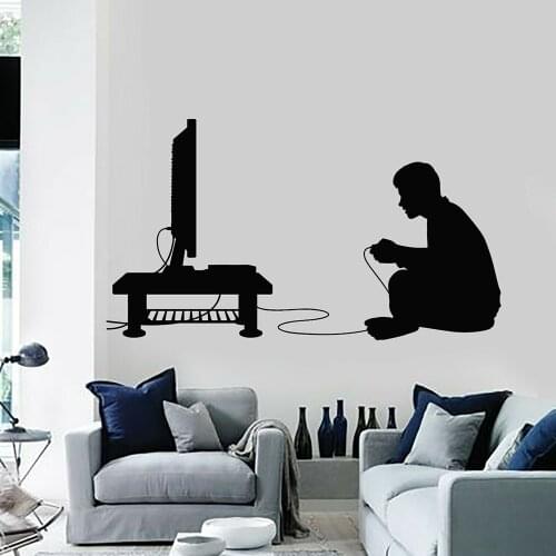 Vinyl Wall Decal Boy Video Game Room Joystick TV Gamer Wall Stickers Game Gamer Silhouette Interior Room Decoration Mural C729