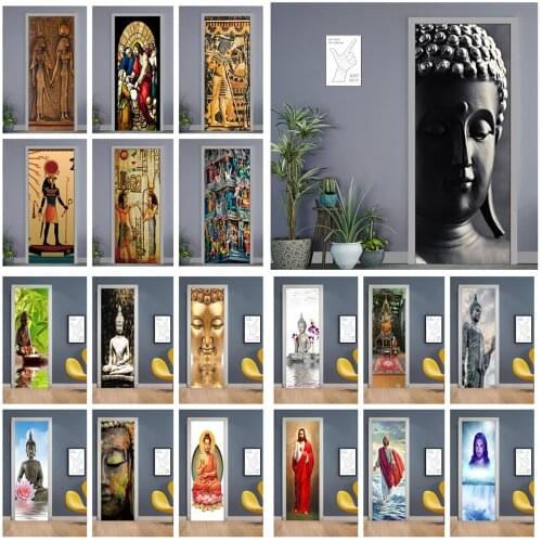 Vintage Black Buddha Portrait Wall Stickers For Door PVC Self Stick Kitchen Corridor Mural Room Decoration Removable Upholstery