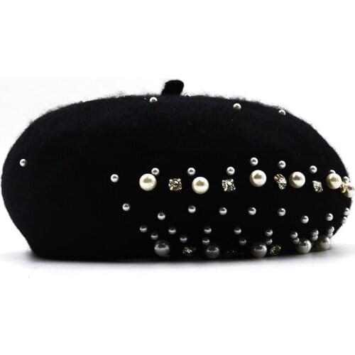 Japanese Korean version of autumn and winter new black wool beret painter hat pearl bright diamond lady stewardess hat female