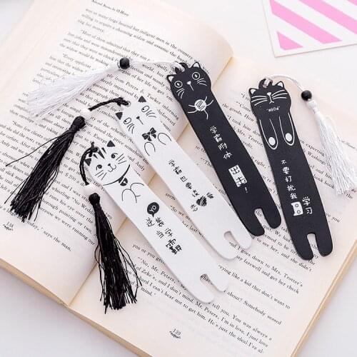 Cartoon Black and white cat Bookmark Wood tassel Book mark Stationery School Office Supply Escolar Papelaria