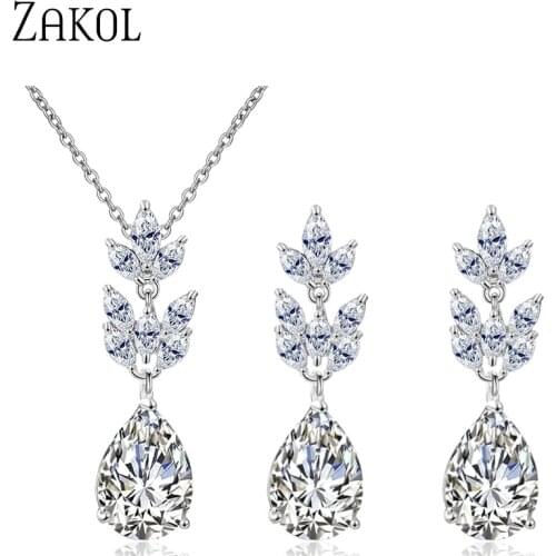 ZAKOL New Trendy Pear Cut AAA Water Drop Cubic Zirconia Earrings Necklace Bridal Wedding Jewelry Sets Bridesmaid Jewelry SP3191