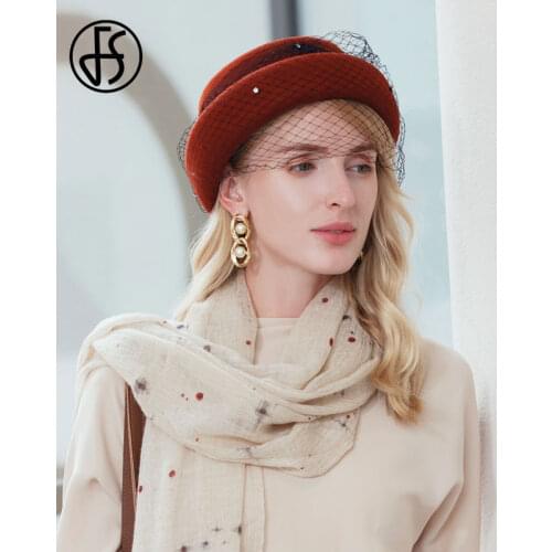 FS 2020 Wool Hat Women Black Autumn Winter Fedora With Veil Brim Hats Felt Cloche Hat For Ladies Wide Vintage Church Top Hats