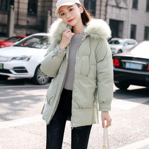 2021 New Winter Down Padded Jacket Women Hooded Fashion Zippers Hidden Button Big Fur Collar Cotton Coat Casaco Feminino Inverno