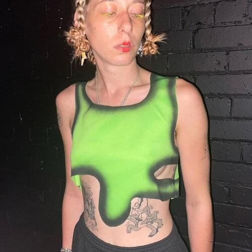 Womens Tie-dye Irregular Round Neck Sleeveless Navel Irregular Sexy Navel Navel Vest Summer Slim Sexy Top Casual Vest Short Top