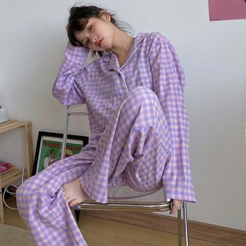 Womens Pajamas Set Cardigan Grid Lapel Long Sleeve Loose Sleepwear Leisure Nightwear for Female Cute Girls Korean Homewear