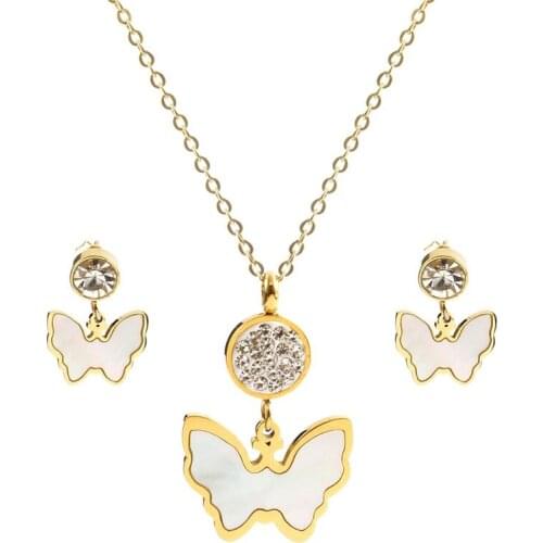 Gold Color Butterfly Jewelry Set Woman CZ Crystal Shell Pendant Necklace Earrings Female Wedding Jewellery set Gift