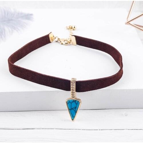 Unique Blue Texture Triangle Synthetic Stone Crystal Velvet Strip Choker Necklace For Women Gifts Fashion Jewelry Wholesale